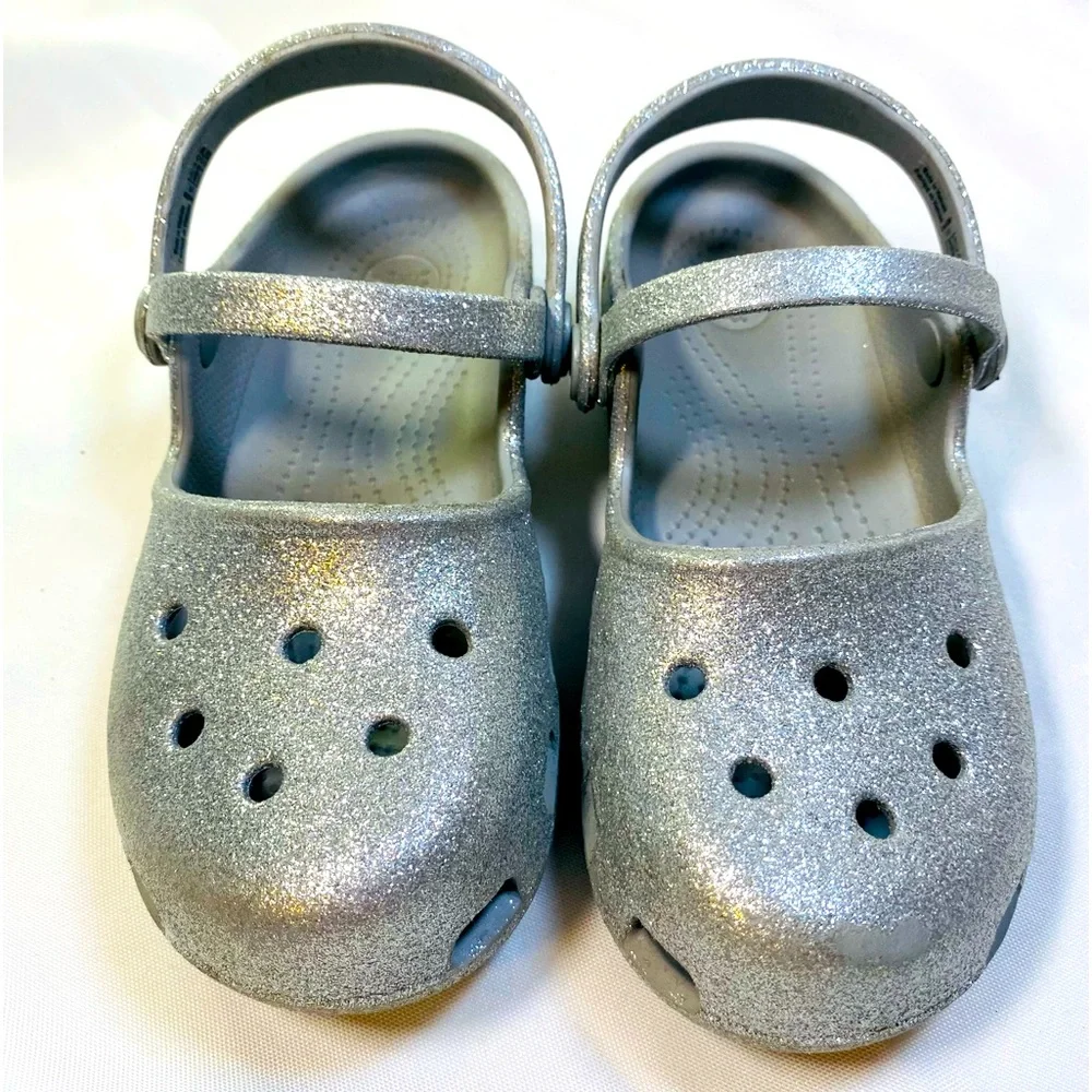Crocs girls silver glitter sandals shoes double ankle straps Sz 13 - Picture 1 of 9